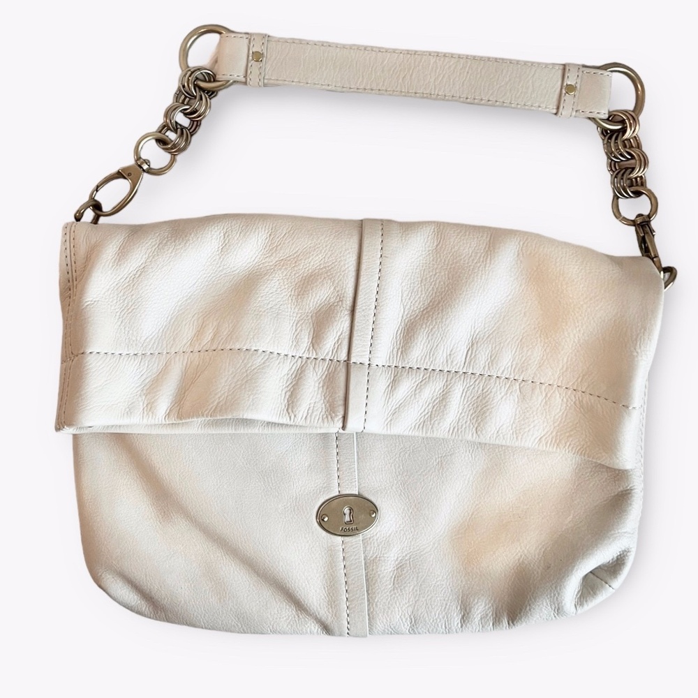 Fossil Quinn Ivory Pebbled Leather Foldover Hobo Bag
